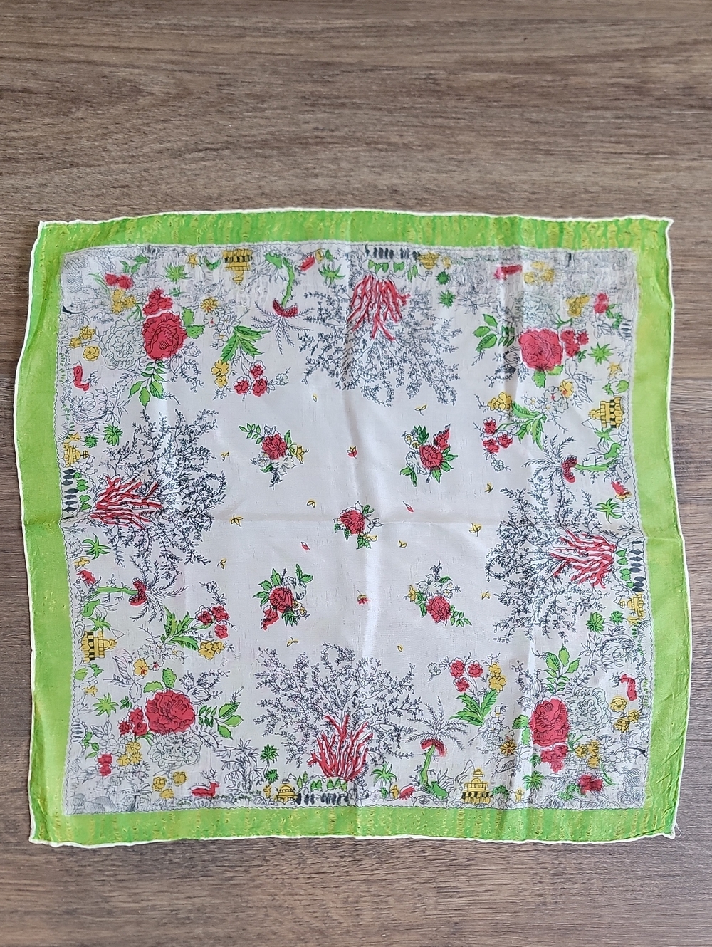 Vintage 40s Floral Square Silk Scarf in White and Lime Green
